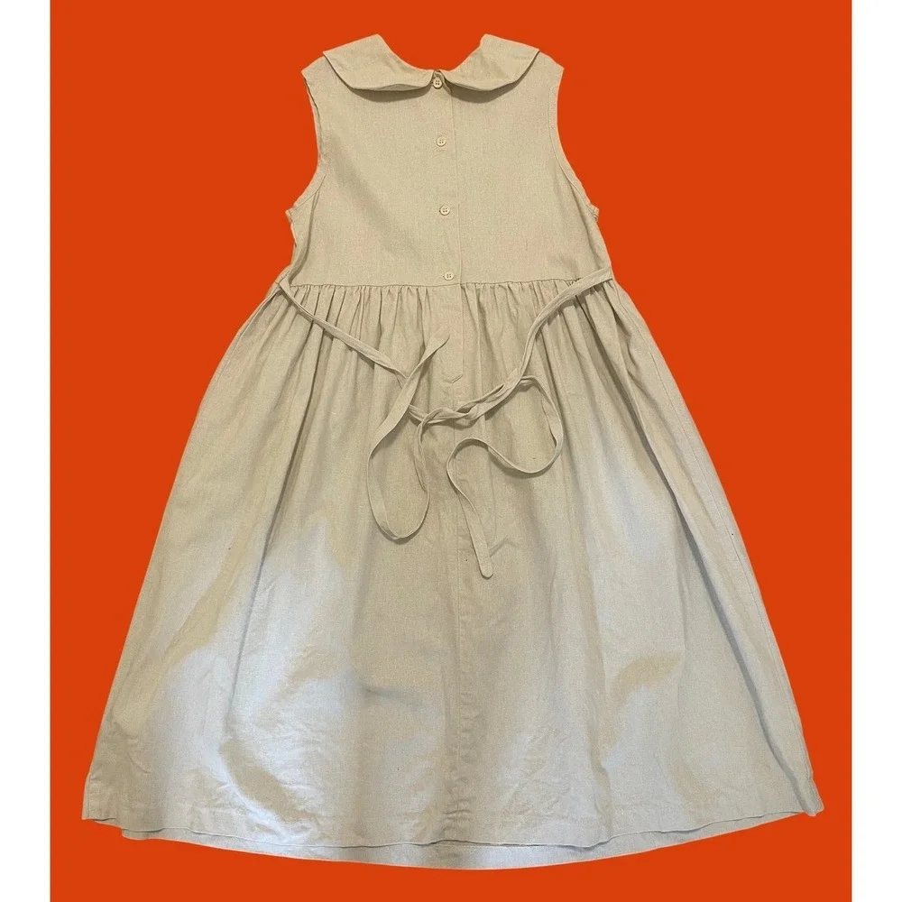 Good Lad Vintage Dress Beige Linen Sunflower Embroidered Peter Pan Collar Size 8